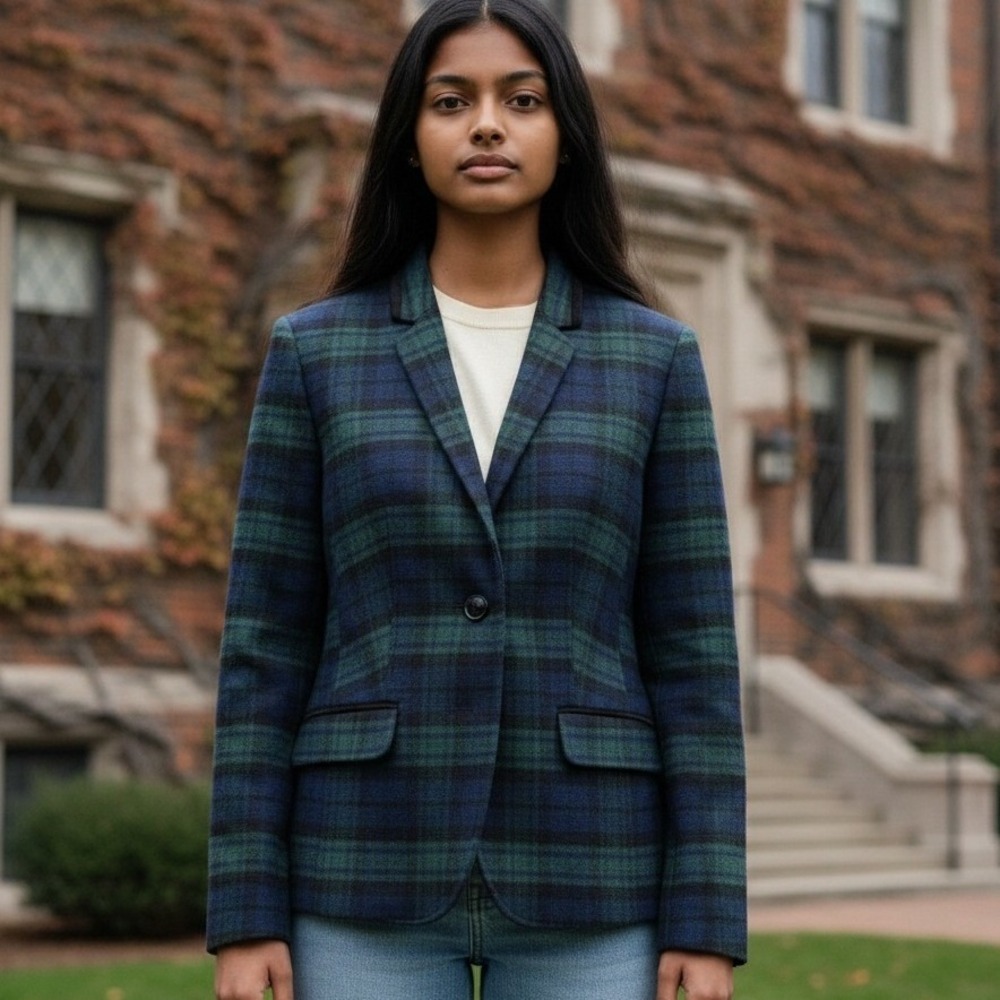 Talbots Womens Tartan Plaid Blazer Jacket Navy Green Wool Blend‎ Size 4 Academia